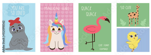 Set of cute art posters for kids room wall. Vector illustrations of unicorn, flamingo, navy seal, giraffe, chicken perfect for birthday greeting card, background or postcard cover print. EPS 10