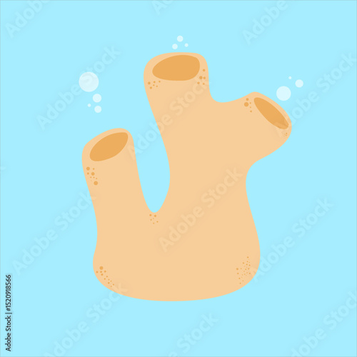 Hollow coral serving as fish shelter,
surrounded by small shallow sea corals,
flat art design style.