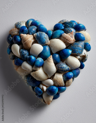 Cuore formato da tante piccole conchiglie colorate di bianco e blu.