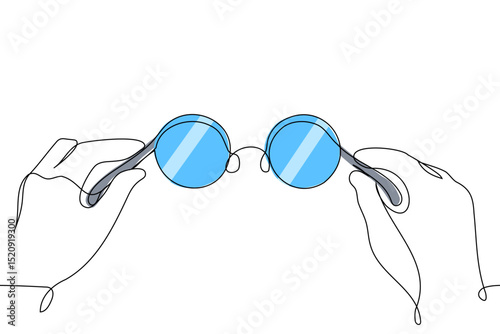 Human hands holding round blue glasses close up - one line art vector. round round glasses frame with colored lenses