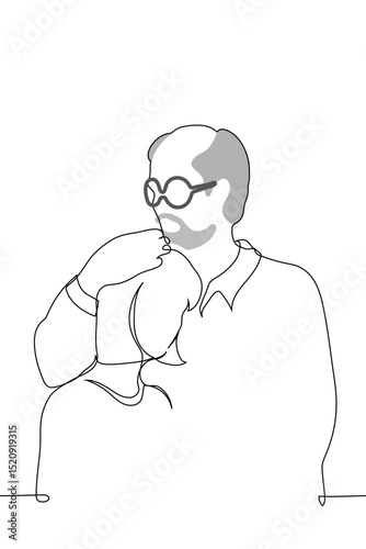 Mature father hugs adult daughter - one line art vector. concept gray-haired mustachioed and bearded man with a receding hairline and glasses presses an adult woman's head to his chest