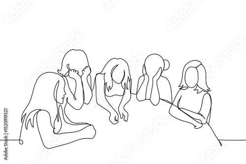 women sitting at table - one line art vector. concept of girlfriend in cafe, female collective, female team