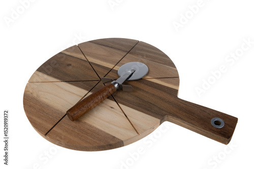 Wooden pizza board and cutter on a white background