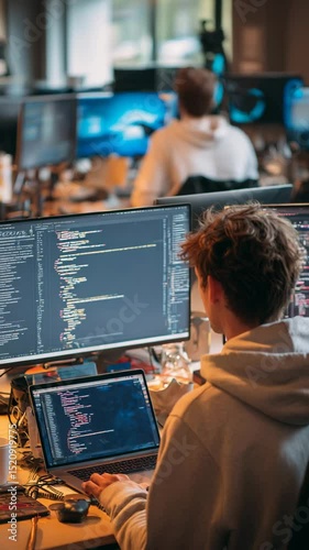 Young developer coding on multiple screens in tech workspace
