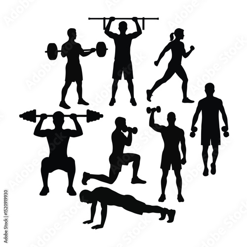 Gym Workout Silhouette Vector | Fitness Exercise Clipart | Weightlifting Pushup Running   with white background .