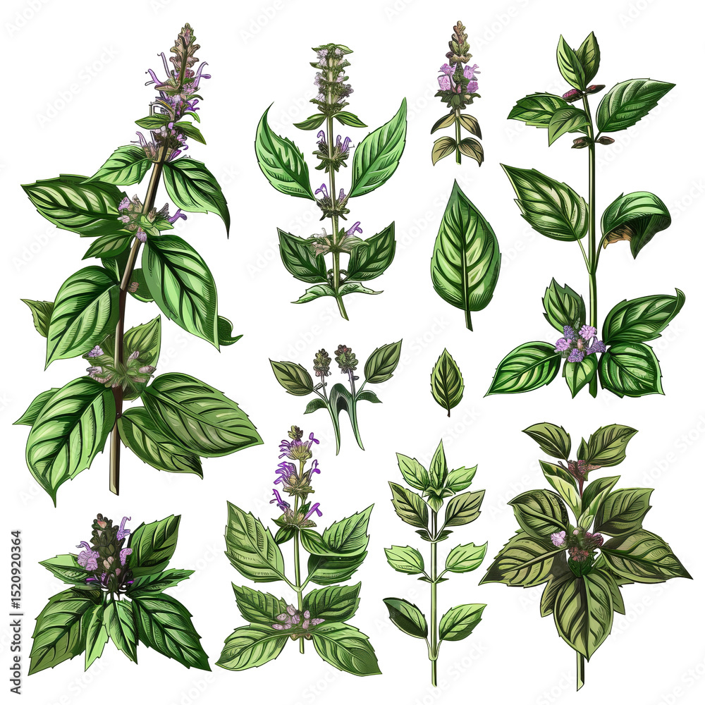 Naklejka premium Basil Floral Collection, Watercolor Style.