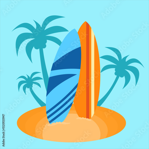 Two surfboards placed on the beach edge,
with tall coconut tree silhouettes behind,
flat art design style.