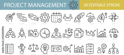Project management icon set. Collection of collaboration, workflow, milestones, deadlines and more. Vector illustration. Editable stroke.