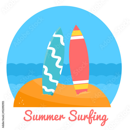 Two surfboards standing on a sand mound,
with ocean scenery in the background,
flat art design style.