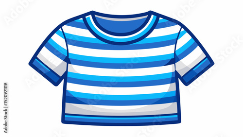 Close-up of a soft striped cotton T-shirt in blue and white on a clean white background. A timeless casual piece perfect for boys’ everyday summer wear and minimalist vector art.