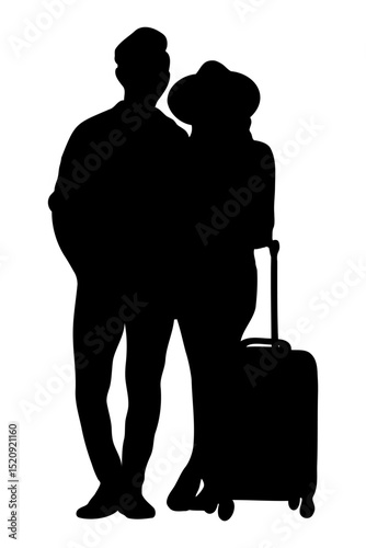 Silhouette of couple people walking with suitcase, luggage. Summer vacation and travel concept. Flat vector illustration isolated on transparent background.