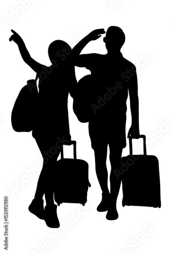 Silhouette of couple people walking with suitcase, luggage. Summer vacation and travel concept. Flat vector illustration isolated on transparent background.