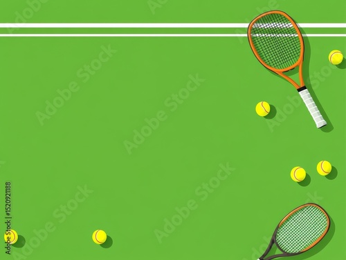 Tennis Court Flatlay Two Rackets, Balls, Green Background, Top View, Minimalist Composition Tennis,Sport photo