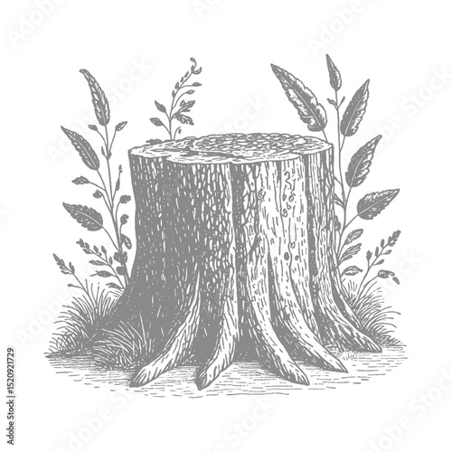 Hand-drawn illustration of a weathered tree stump with surrounding flora