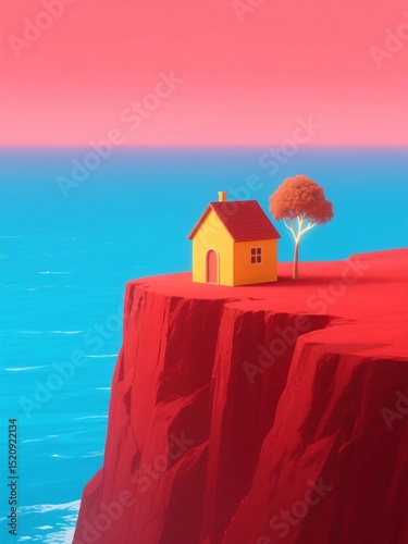 Tiny yellow hut on vibrant red cliff by electric blue ocean with glowing tree, minimalist surreal landscape for fantasy digital art and emotional scenery