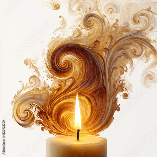 swirling luminous flame emerging from candle as glowing abstract energy shape isolated on white background