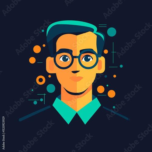 Smart Abstract Portrait: A stylish, clean-cut vector illustration showcases a thinking person with glasses, reflecting a modern aesthetic and intellectual theme.