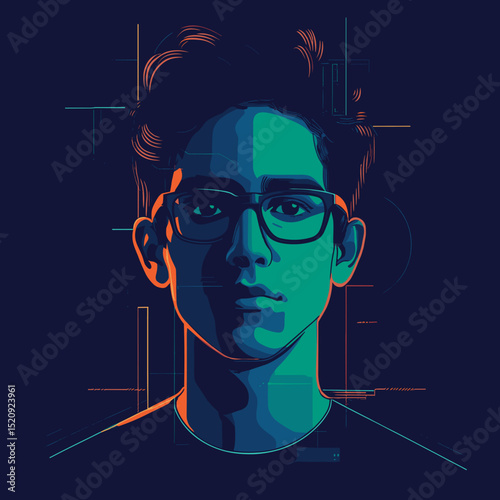 Geometric Portrait: A modern, graphic portrait of a person with glasses, designed with bold lines and vibrant colors, creating a stylish and contemporary aesthetic.