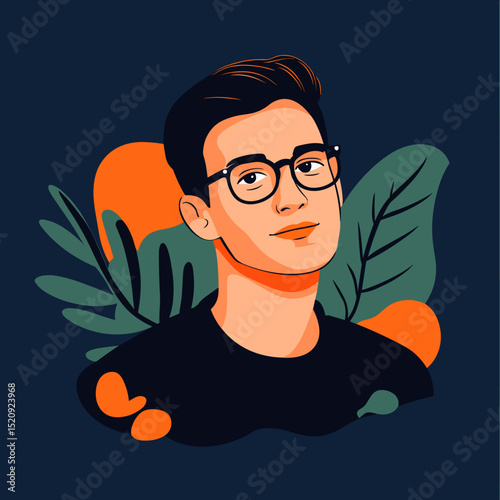 Young Professional Portrait with Foliage: A stylish young professional, confidently portrayed against a backdrop of vibrant botanical elements, reflecting a modern aesthetic.