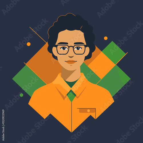 Young Man Portrait: A friendly young man with curly hair and glasses smiles warmly, set against an abstract geometric background of orange, green, and dark teal.