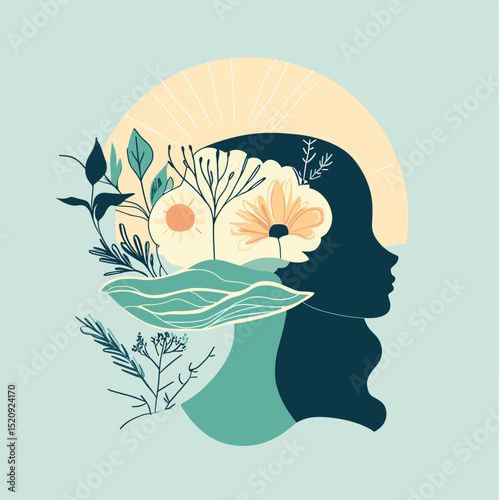 Blossoming Mind: A unique, artistic illustration showcasing the beauty of the human mind intertwined with nature's elegance, depicting mental growth. 