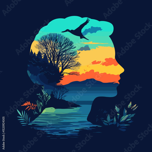 Inner Landscape: A serene illustration of a person's profile seamlessly blended with a vibrant sunset landscape, featuring a tranquil lake, majestic mountains, and soaring birds.