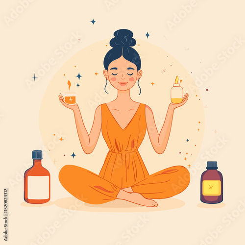 Harmony and Wellness: A serene illustration of a woman practicing mindfulness and self-care, surrounded by aromatherapy oils. She finds inner peace.