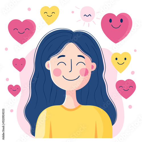 Love's Embrace: A smiling woman surrounded by hearts, radiates affection and happiness, expressing warmth and emotional well-being.