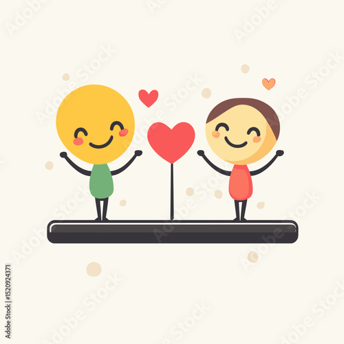 Love and Togetherness: Illustration of Two happy characters celebrating their love. Representing bond and the joy of companionship with joyful expression and a heart.