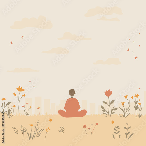 Serene Meditation in Bloom: a person is peacefully meditating in a field of flowers.