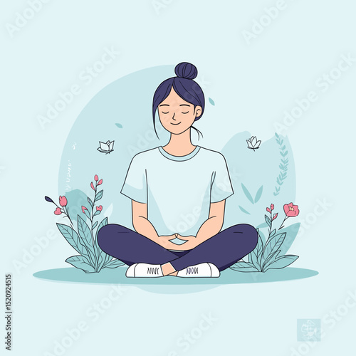 Serenity in Bloom: A serene woman finds inner peace, meditating amidst the blossoming flora, representing the essence of mindfulness and the harmony of self.