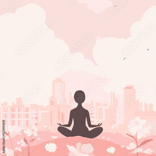  Serene Cityscape Meditation: A peaceful silhouette practices yoga amidst a pastel city backdrop, fostering a sense of calm and inner peace in a busy urban environment.