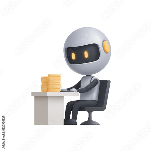 A robot sits at a desk, working with stacks of documents.