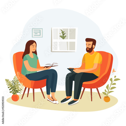 Intimate Therapy Session: A patient sits in a comfortable setting with a therapist, deeply engrossed in conversation, fostering a sense of trust, healing, and self-discovery.