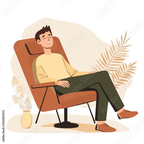 Serene Relaxation in a Chair:  A man, content and calm, leans back in a comfortable chair, the epitome of relaxation.