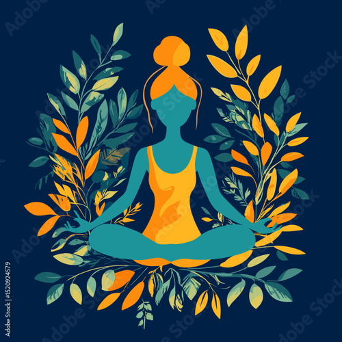 Zen Harmony: Silhouette of a woman meditating in lotus pose, encircled by botanical elements, embodying serenity and inner peace. 
