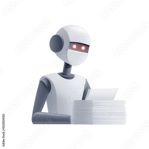 A robot with glowing red eyes is sorting through a stack of papers.