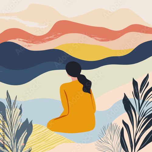Serene Contemplation: A solitary figure finds solace in a tranquil landscape, lost in thought and surrounded by nature's beauty, evoking a sense of peace and introspection.