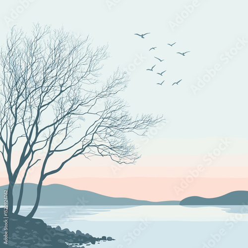 Peaceful Lakeside Landscape: Serene scene with a tranquil lake and barren tree silhouette against a soft pastel sky, enhanced by gentle hues of nature and a flock of birds in flight.