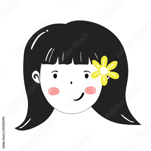 Cute cartoon girl with black hair and flower