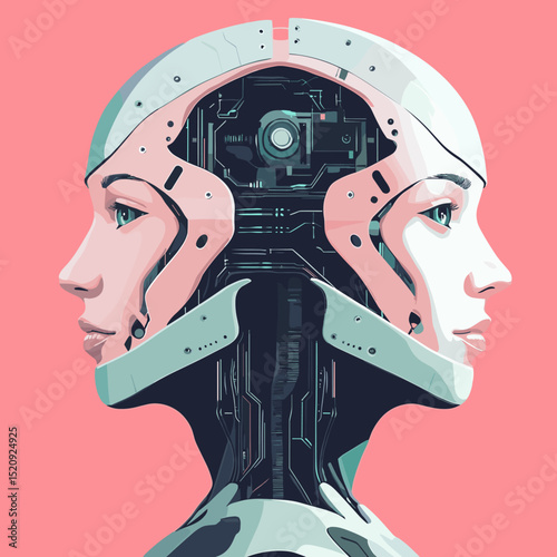 Dual Identity: A striking illustration merges human facial features with robotic components, creating a compelling visual exploration of the intersection between humanity and technology.