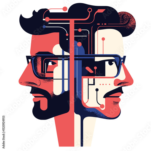 Concept of Innovation: A unique graphic art piece presenting two faces of the same man divided, connected by network, representing concept of intelligence and creativity.