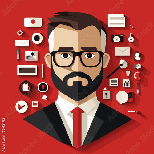 Businessman Icon: A stylized illustration of a businessman with beard and glasses, surrounded by various business related icons.  