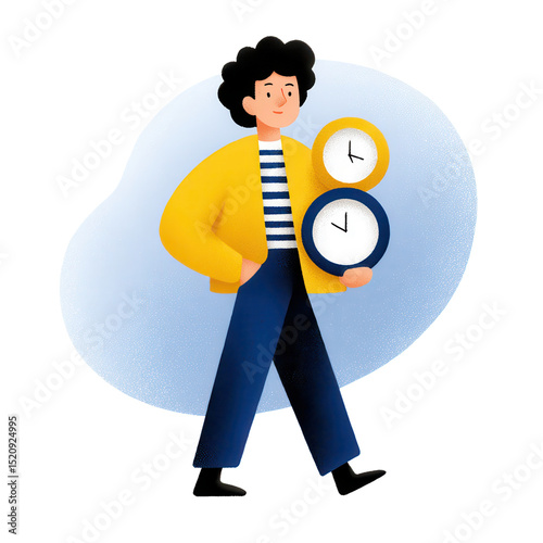 A person with curly hair wearing a yellow jacket holds two clocks while walking forward.