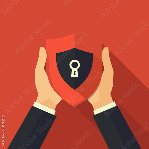 Digital Fortress: A symbolic representation of online safety and data protection, where a pair of hands tenderly cradle a shield adorned with a secure keyhole, set against a bold.