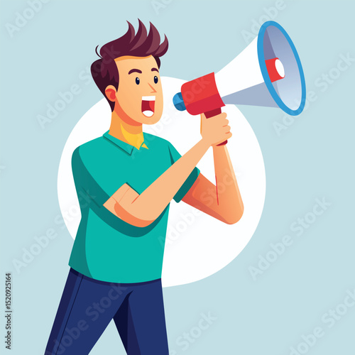 Man speaking in megaphone. Retro comic pop art vector illustration