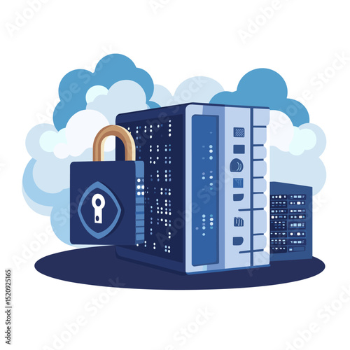 Secured Data: A graphic, symbolizing online protection, featuring server with a padlock. This digital artwork visualizes cybersecurity and safe internet practices.