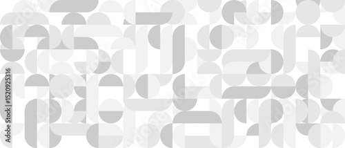 White trendy seamless background of circles and squares in modern Scandinavian style. Cover of gray geometric shapes in retro texture for wallpaper or packaging.