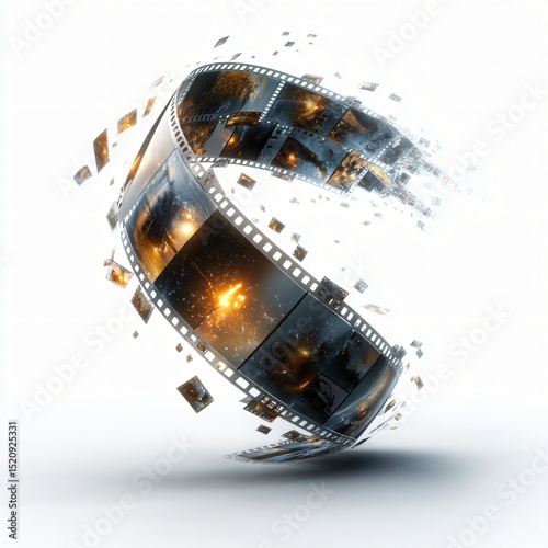 glowing film scenes drifting mid-air as reel unspools gently through light and time isolated on white background