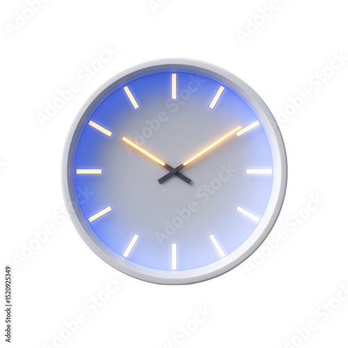 Minimalist wall clock with blue gradient face, white markers, and orange hands.